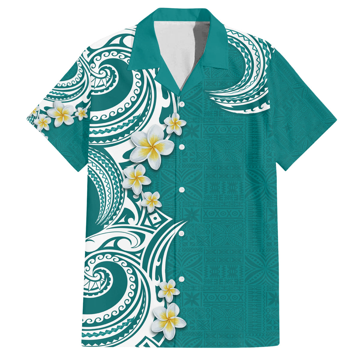 Aloha Polynesian Plumeria Flower Family Matching Off The Shoulder Long Sleeve Dress and Hawaiian Shirt Teal Color