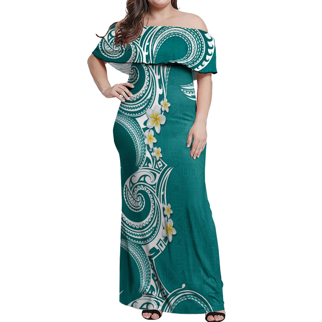 Aloha Polynesian Plumeria Flower Off Shoulder Maxi Dress Teal Color LT03 Women Teal - Polynesian Pride