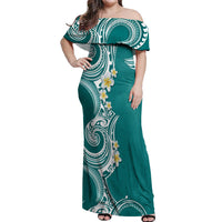 Aloha Polynesian Plumeria Flower Off Shoulder Maxi Dress Teal Color LT03 Women Teal - Polynesian Pride