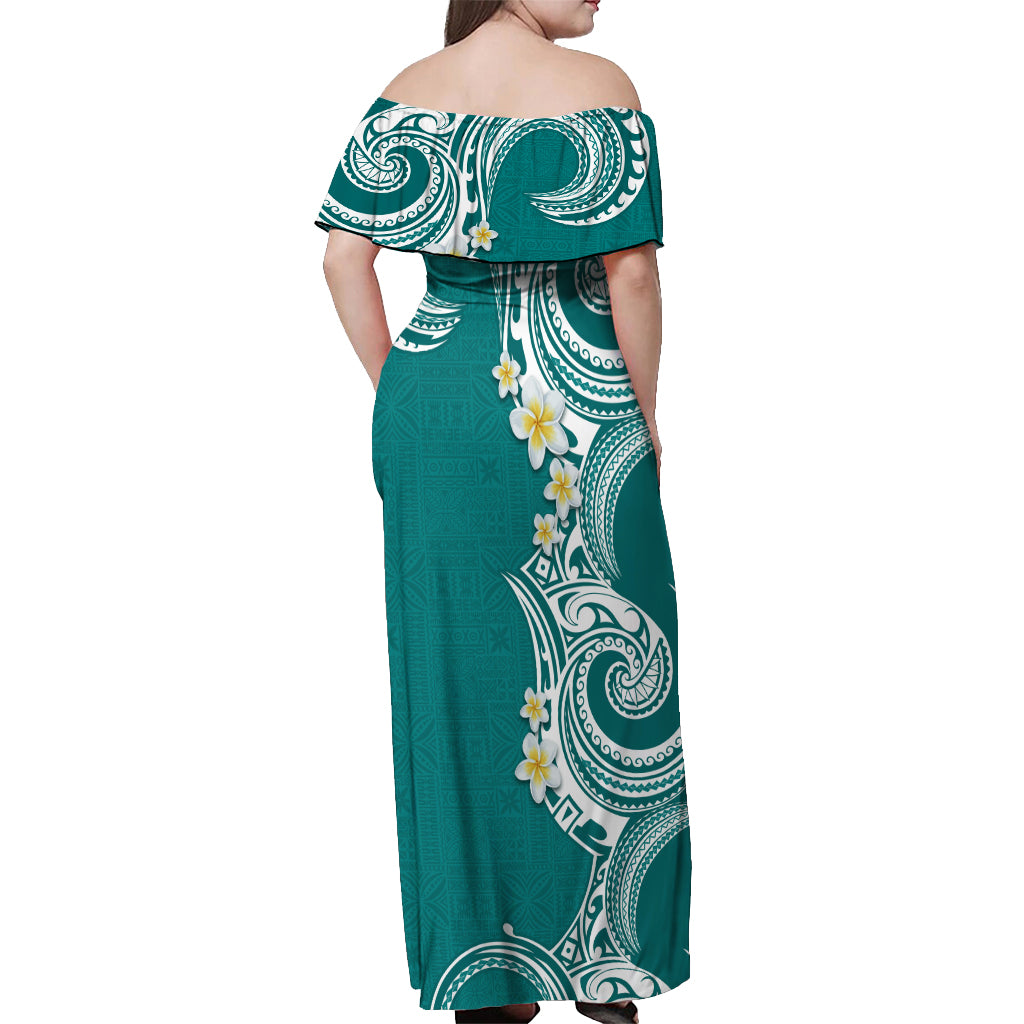 Aloha Polynesian Plumeria Flower Off Shoulder Maxi Dress Teal Color LT03 - Polynesian Pride