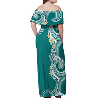Aloha Polynesian Plumeria Flower Off Shoulder Maxi Dress Teal Color LT03 - Polynesian Pride