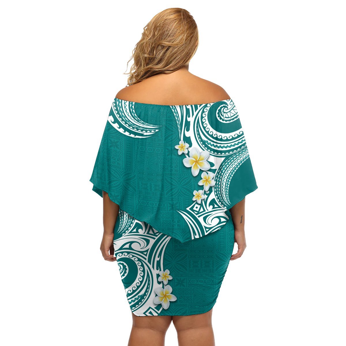 Aloha Polynesian Plumeria Flower Off Shoulder Short Dress Teal Color LT03 - Polynesian Pride