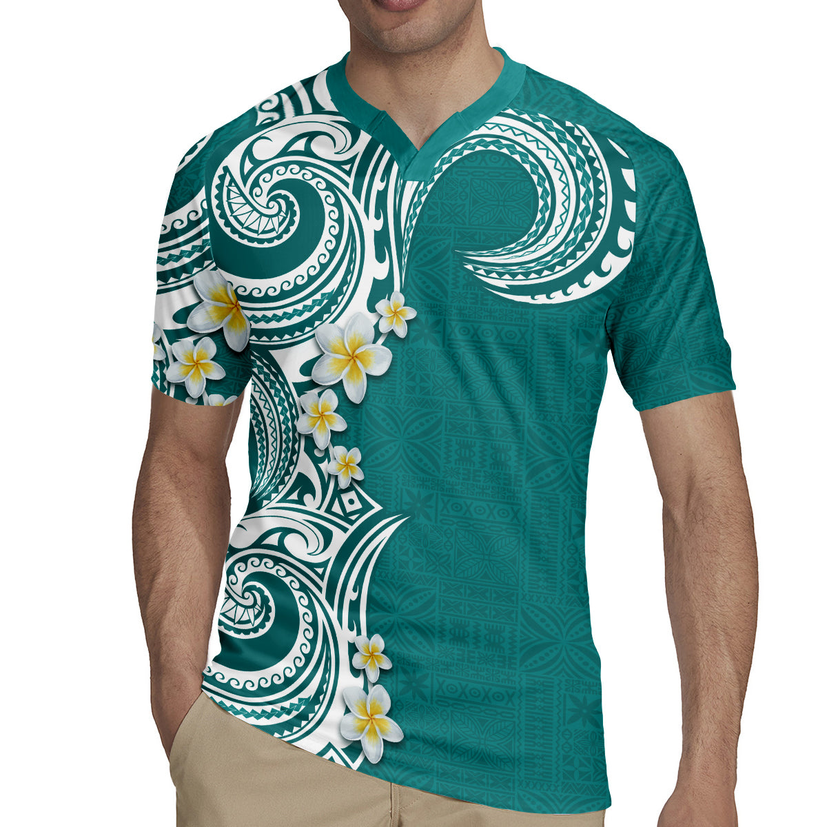 Aloha Polynesian Plumeria Flower Rugby Jersey Teal Color