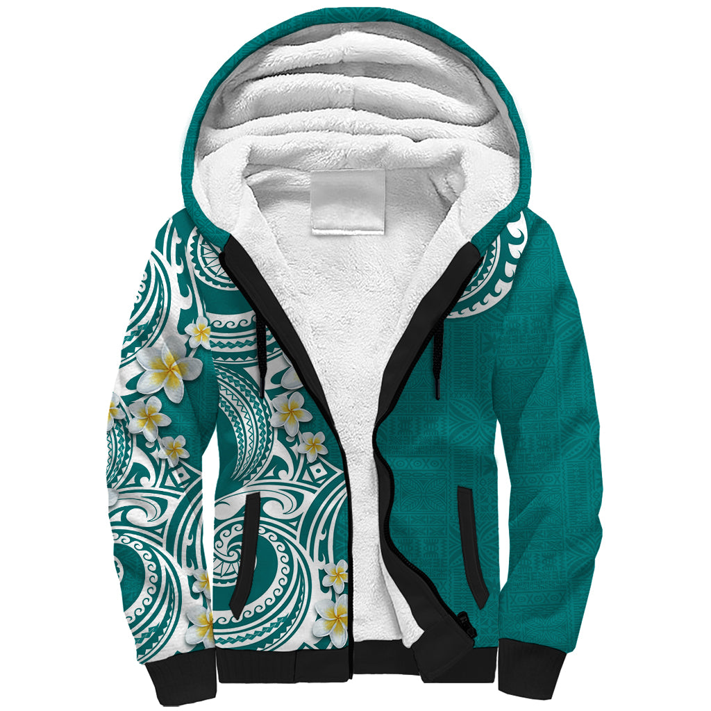 Aloha Polynesian Plumeria Flower Sherpa Hoodie Teal Color