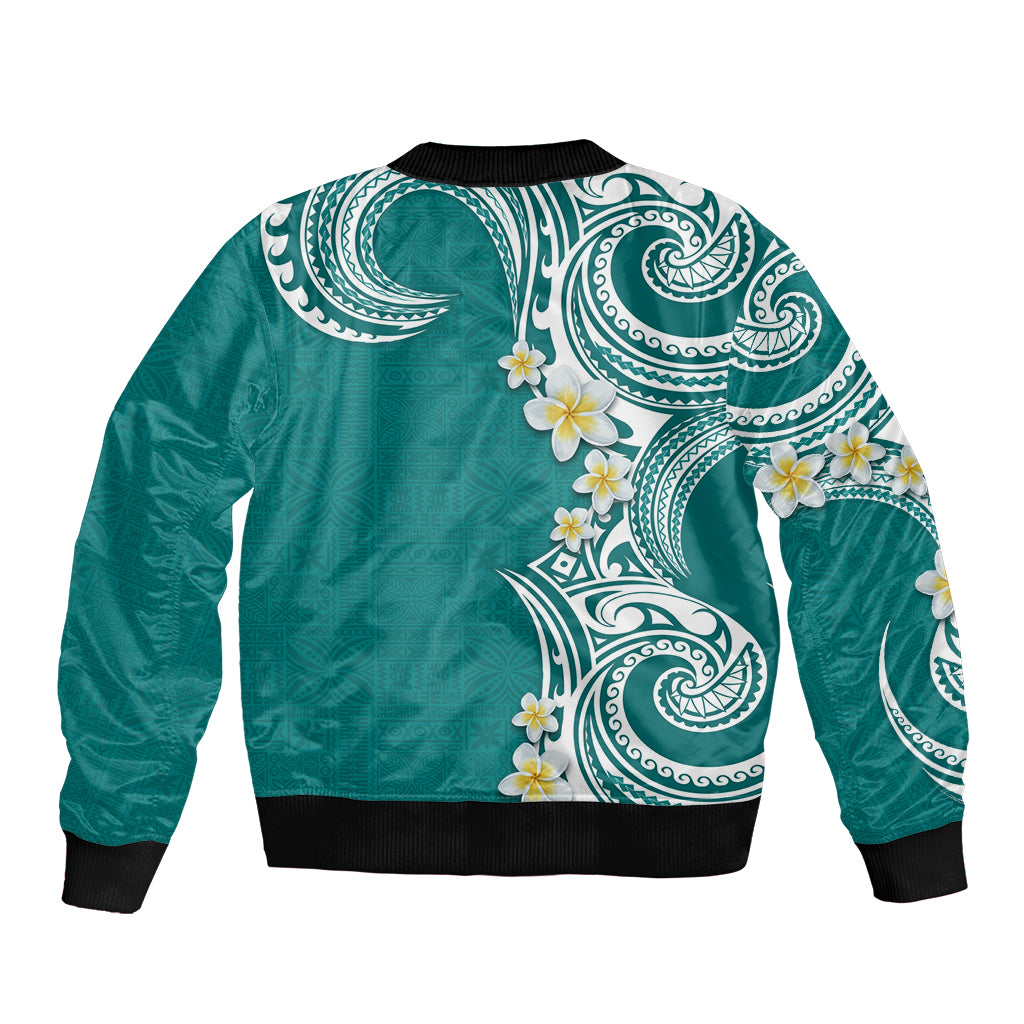 Aloha Polynesian Plumeria Flower Sleeve Zip Bomber Jacket Teal Color
