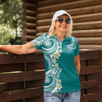 Aloha Polynesian Plumeria Flower Women Polo Shirt Teal Color