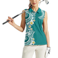 Aloha Polynesian Plumeria Flower Women Sleeveless Polo Shirt Teal Color
