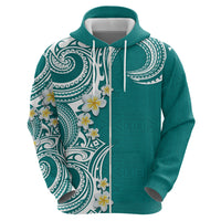 Aloha Polynesian Plumeria Flower Zip Hoodie Teal Color