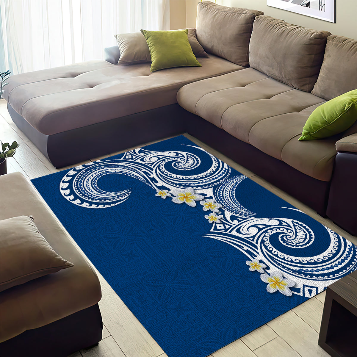 Aloha Polynesian Plumeria Flower Area Rug Blue Color