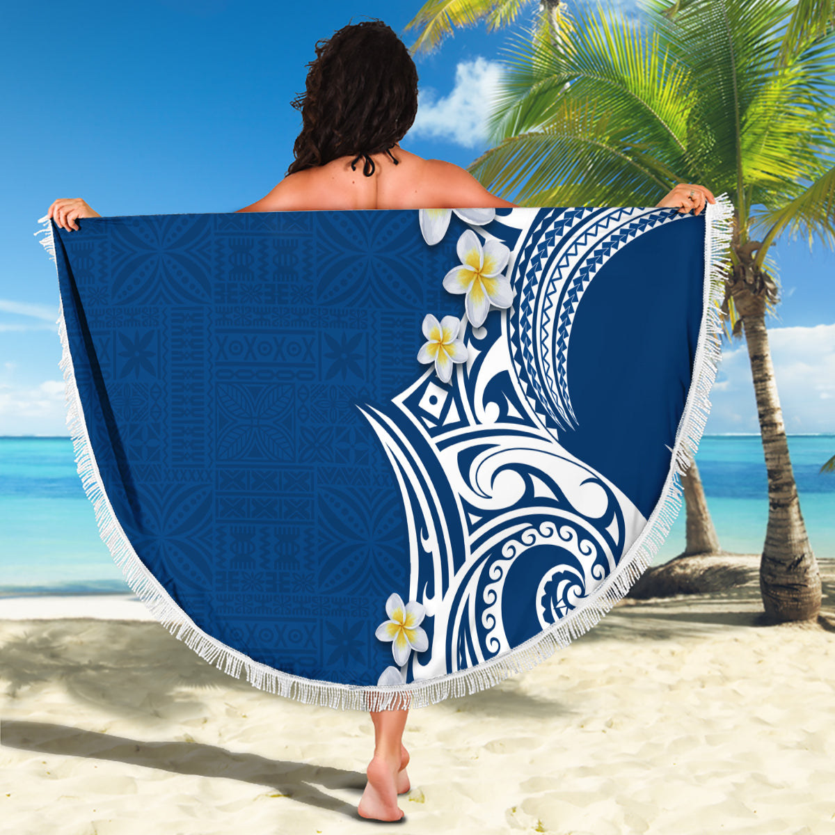 Aloha Polynesian Plumeria Flower Beach Blanket Blue Color