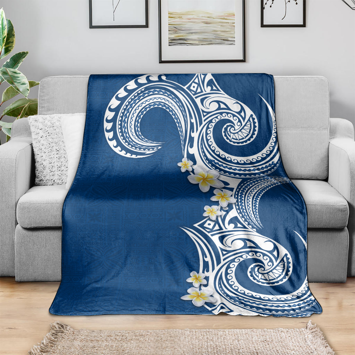Aloha Polynesian Plumeria Flower Blanket Blue Color