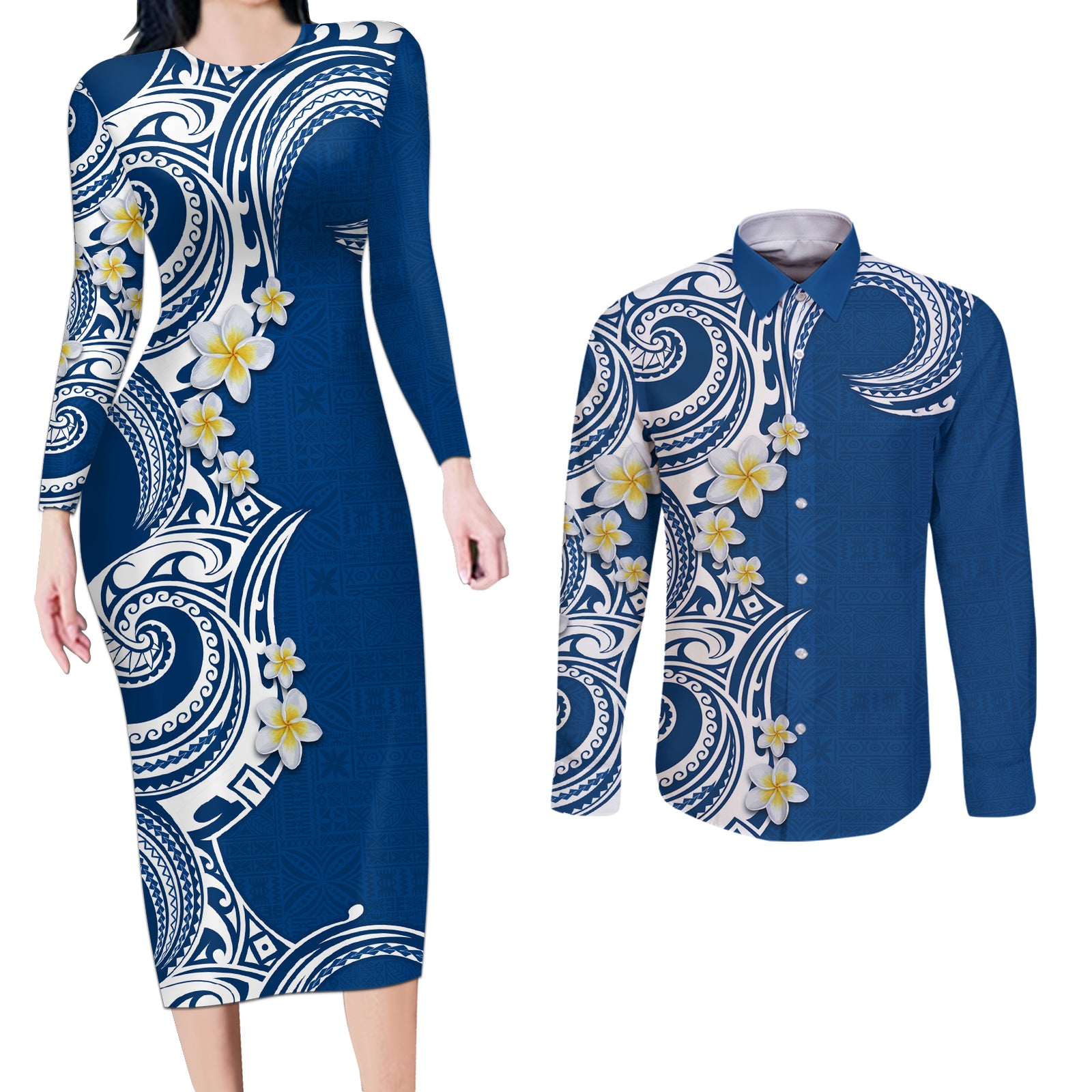 Aloha Polynesian Plumeria Flower Couples Matching Long Sleeve Bodycon Dress and Long Sleeve Button Shirt Blue Color