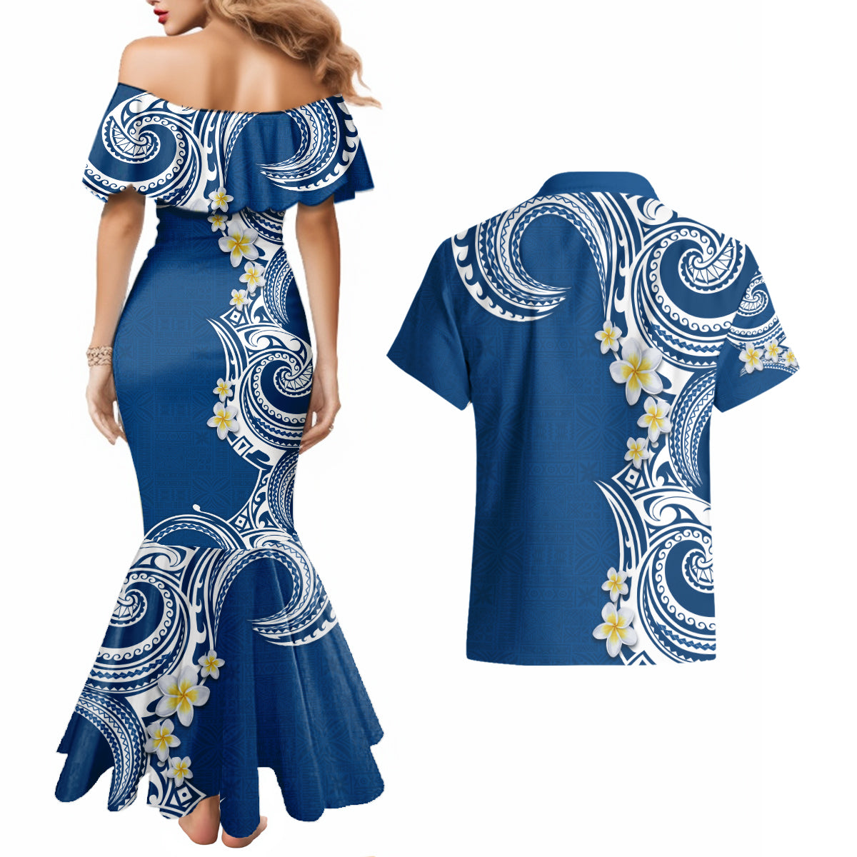 Aloha Polynesian Plumeria Flower Couples Matching Mermaid Dress and Hawaiian Shirt Blue Color