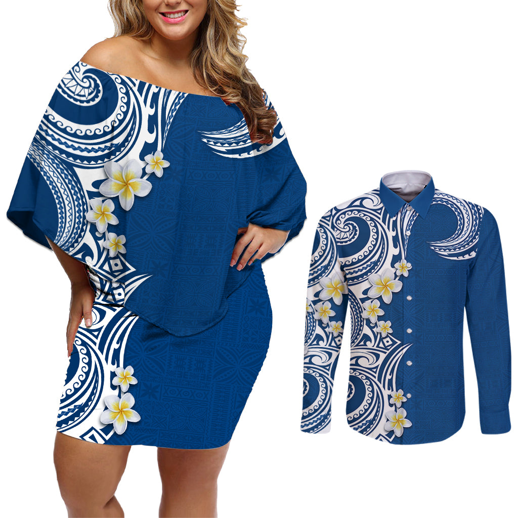 Aloha Polynesian Plumeria Flower Couples Matching Off Shoulder Short Dress and Long Sleeve Button Shirt Blue Color