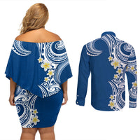 Aloha Polynesian Plumeria Flower Couples Matching Off Shoulder Short Dress and Long Sleeve Button Shirt Blue Color