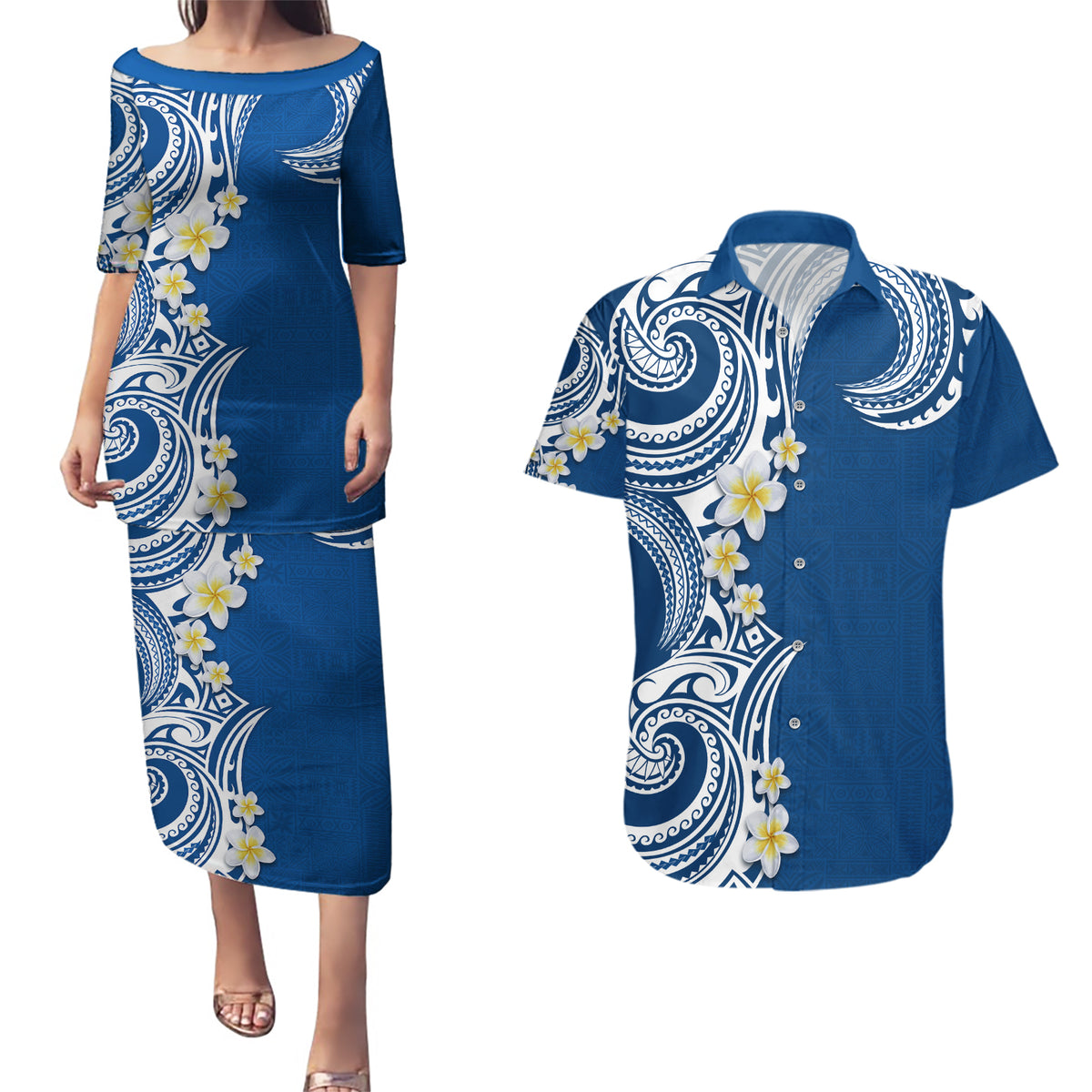 Aloha Polynesian Plumeria Flower Couples Matching Puletasi and Hawaiian Shirt Blue Color