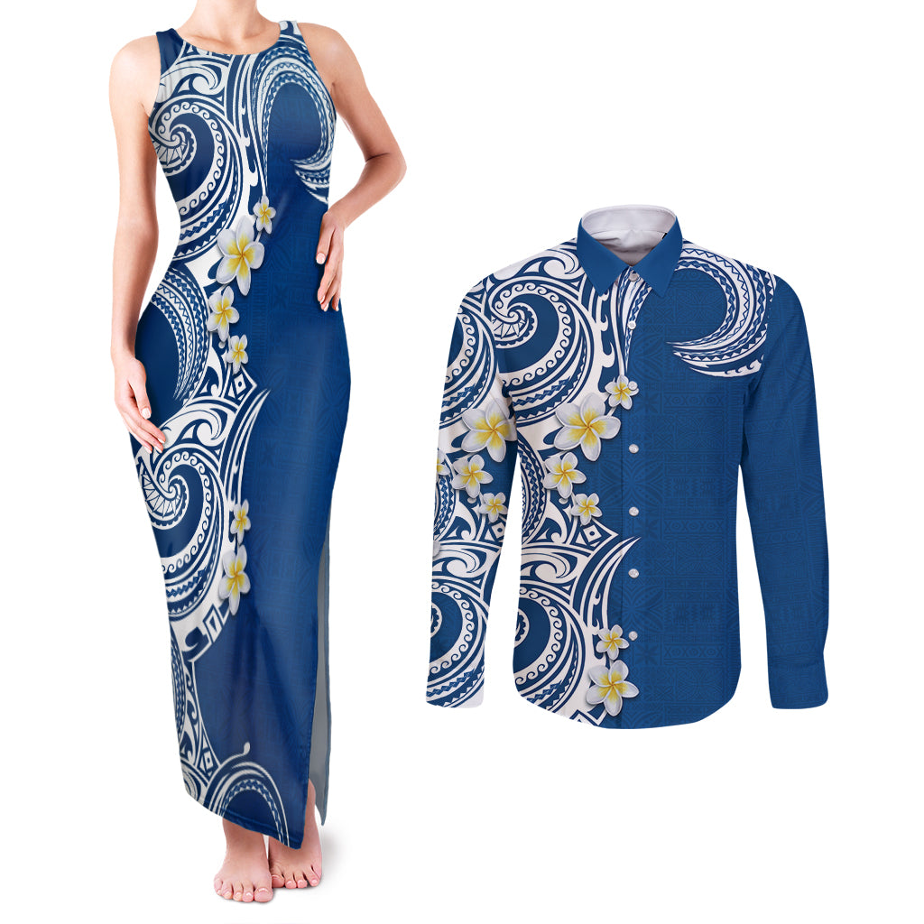 Aloha Polynesian Plumeria Flower Couples Matching Tank Maxi Dress and Long Sleeve Button Shirt Blue Color