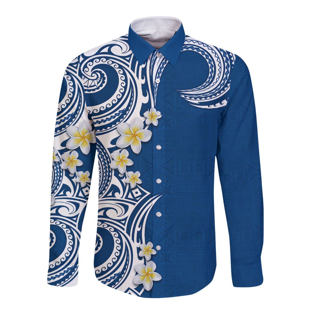 Aloha Polynesian Plumeria Flower Long Sleeve Button Shirt Blue Color LT03 Unisex Blue - Polynesian Pride