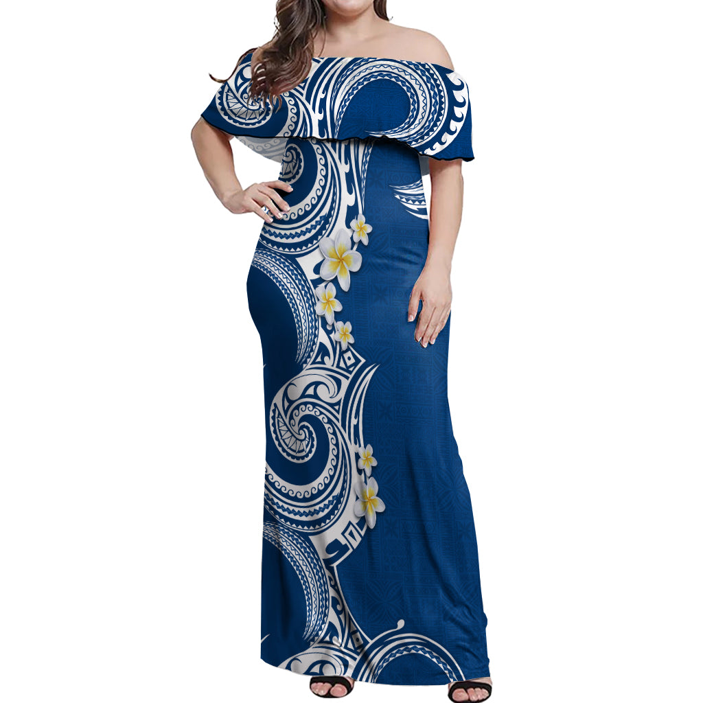 Aloha Polynesian Plumeria Flower Off Shoulder Maxi Dress Blue Color