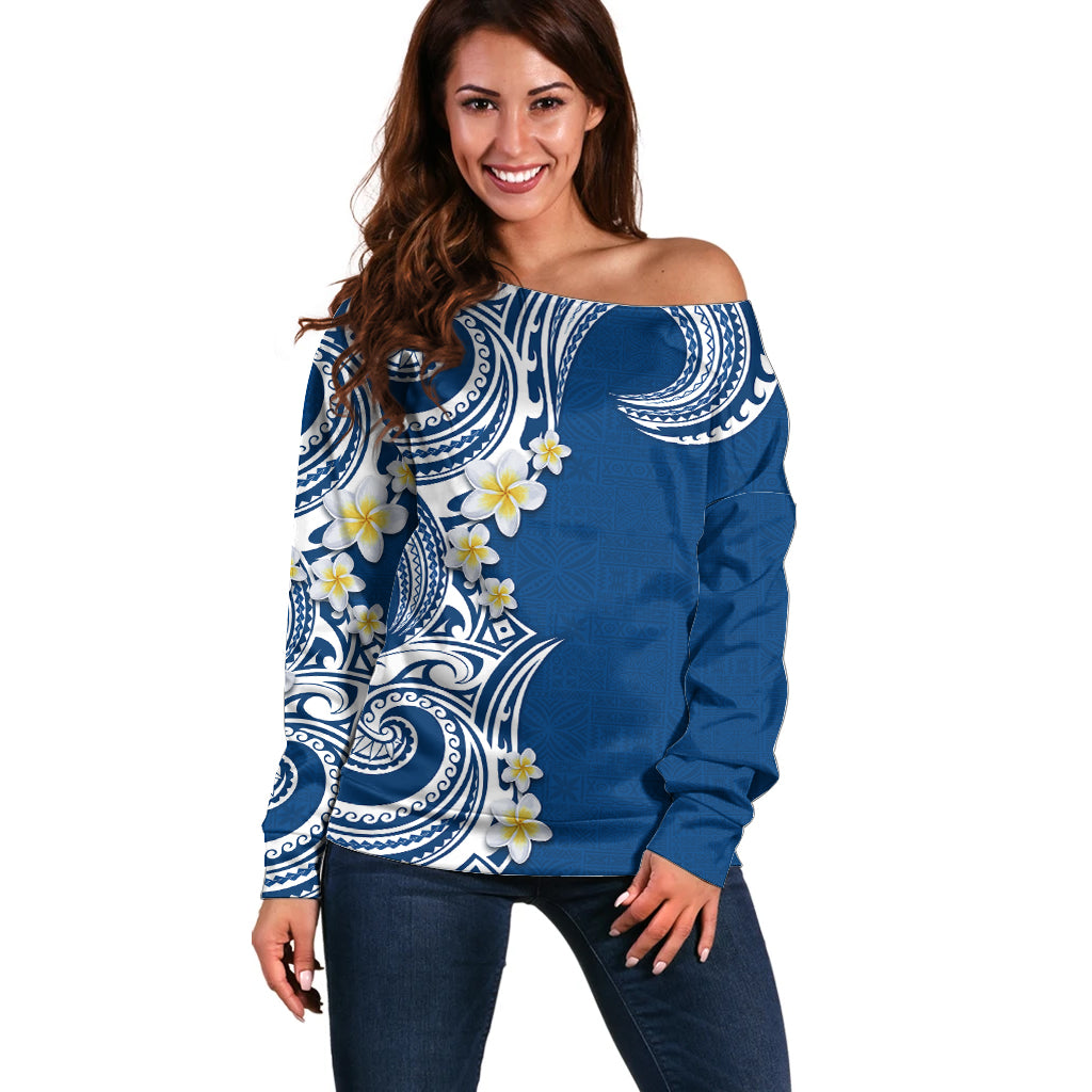Aloha Polynesian Plumeria Flower Off Shoulder Sweater Blue Color LT03 Women Blue - Polynesian Pride
