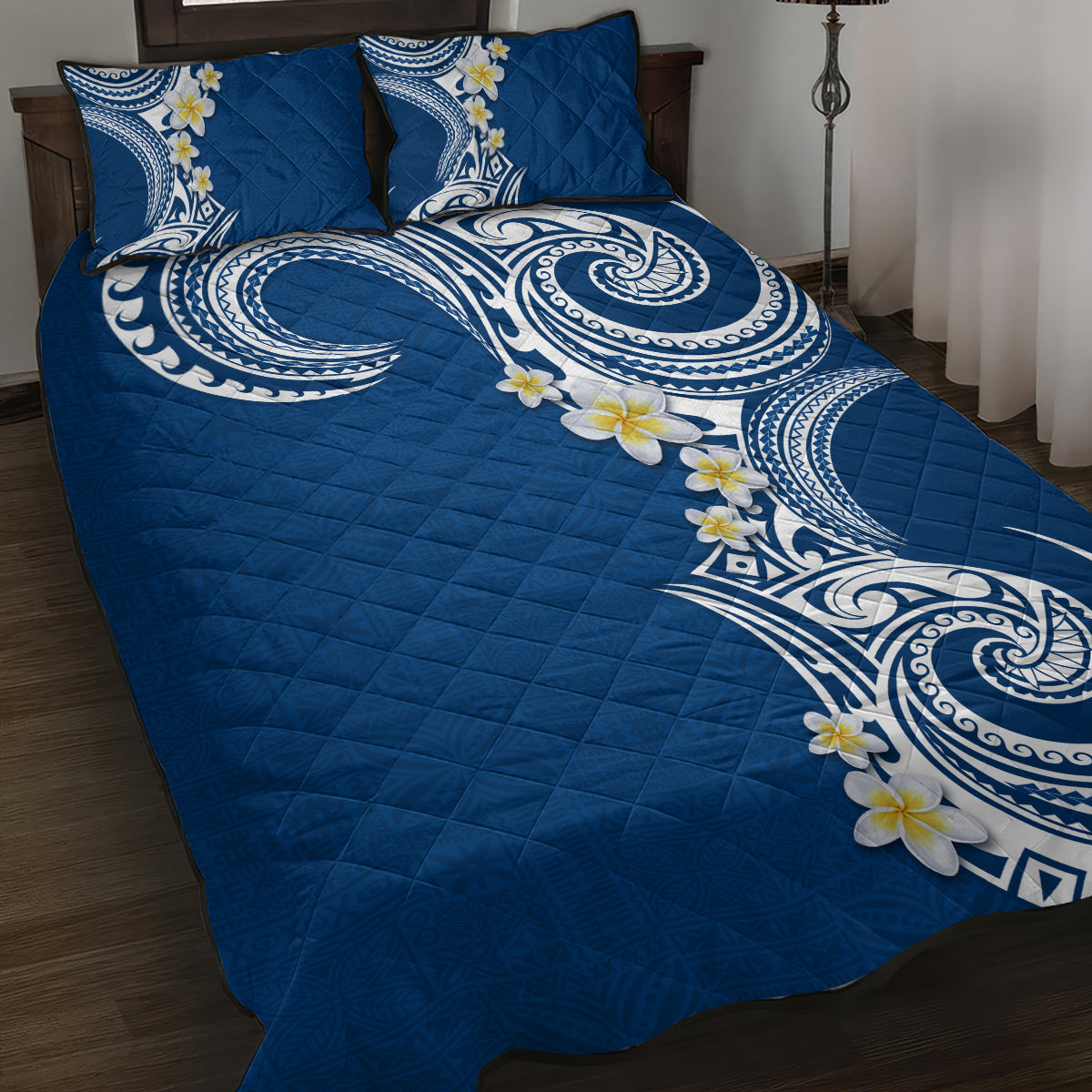 Aloha Polynesian Plumeria Flower Quilt Bed Set Blue Color