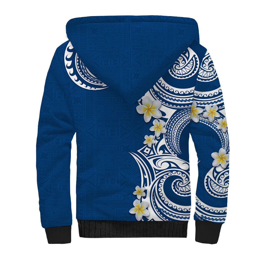 Aloha Polynesian Plumeria Flower Sherpa Hoodie Blue Color