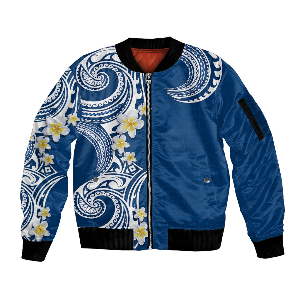 Aloha Polynesian Plumeria Flower Sleeve Zip Bomber Jacket Blue Color