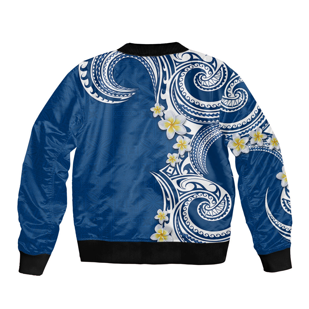 Aloha Polynesian Plumeria Flower Sleeve Zip Bomber Jacket Blue Color