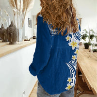 Aloha Polynesian Plumeria Flower Women Casual Shirt Blue Color
