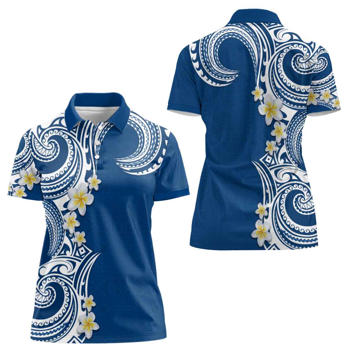 Aloha Polynesian Plumeria Flower Women Polo Shirt Blue Color