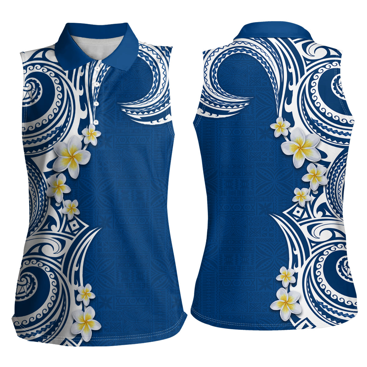 Aloha Polynesian Plumeria Flower Women Sleeveless Polo Shirt Blue Color