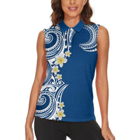 Aloha Polynesian Plumeria Flower Women Sleeveless Polo Shirt Blue Color