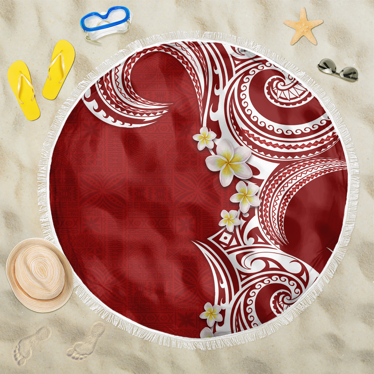 Aloha Polynesian Plumeria Flower Beach Blanket Red Color