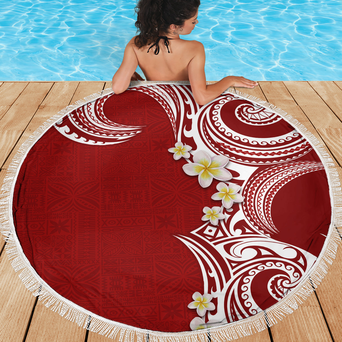 Aloha Polynesian Plumeria Flower Beach Blanket Red Color