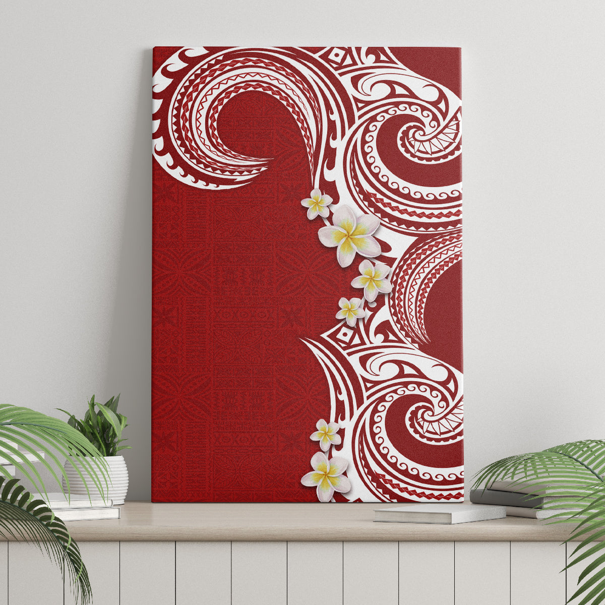 Aloha Polynesian Plumeria Flower Canvas Wall Art Red Color