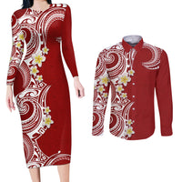 Aloha Polynesian Plumeria Flower Couples Matching Long Sleeve Bodycon Dress and Long Sleeve Button Shirt Red Color
