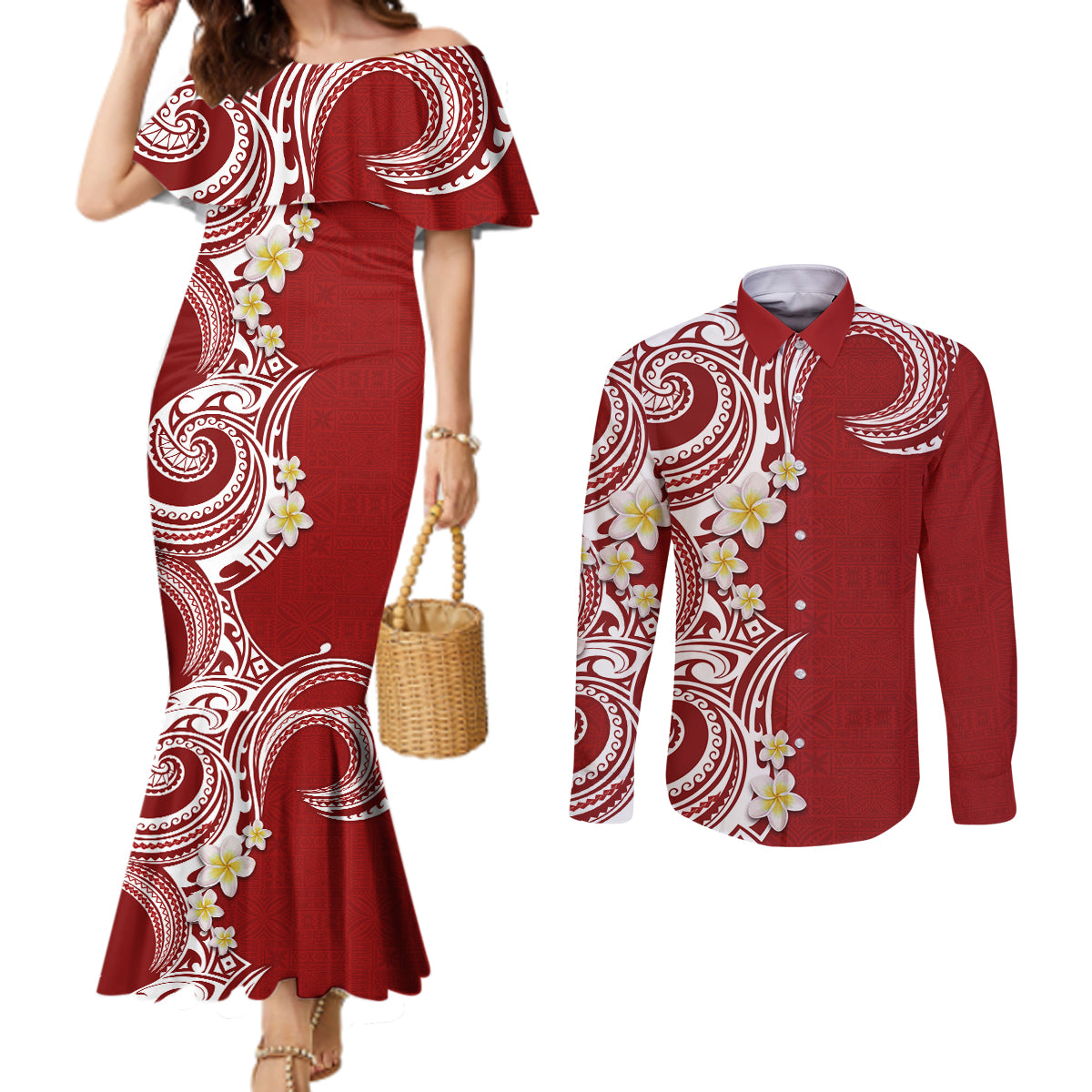 Aloha Polynesian Plumeria Flower Couples Matching Mermaid Dress and Long Sleeve Button Shirt Red Color