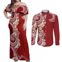 Aloha Polynesian Plumeria Flower Couples Matching Off Shoulder Maxi Dress and Long Sleeve Button Shirt Red Color