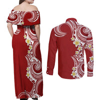 Aloha Polynesian Plumeria Flower Couples Matching Off Shoulder Maxi Dress and Long Sleeve Button Shirt Red Color