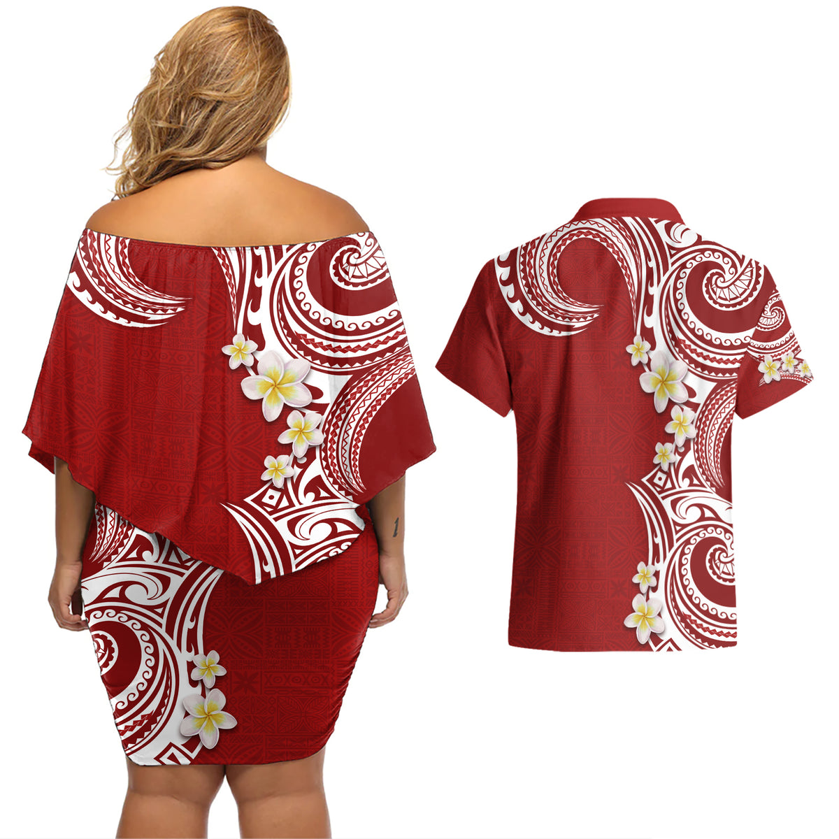 Aloha Polynesian Plumeria Flower Couples Matching Off Shoulder Short Dress and Hawaiian Shirt Red Color