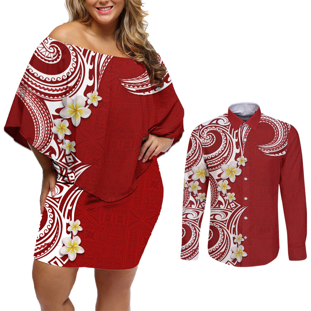 Aloha Polynesian Plumeria Flower Couples Matching Off Shoulder Short Dress and Long Sleeve Button Shirt Red Color