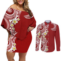 Aloha Polynesian Plumeria Flower Couples Matching Off Shoulder Short Dress and Long Sleeve Button Shirt Red Color