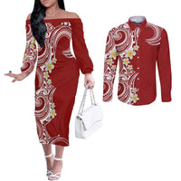 Aloha Polynesian Plumeria Flower Couples Matching Off The Shoulder Long Sleeve Dress and Long Sleeve Button Shirt Red Color