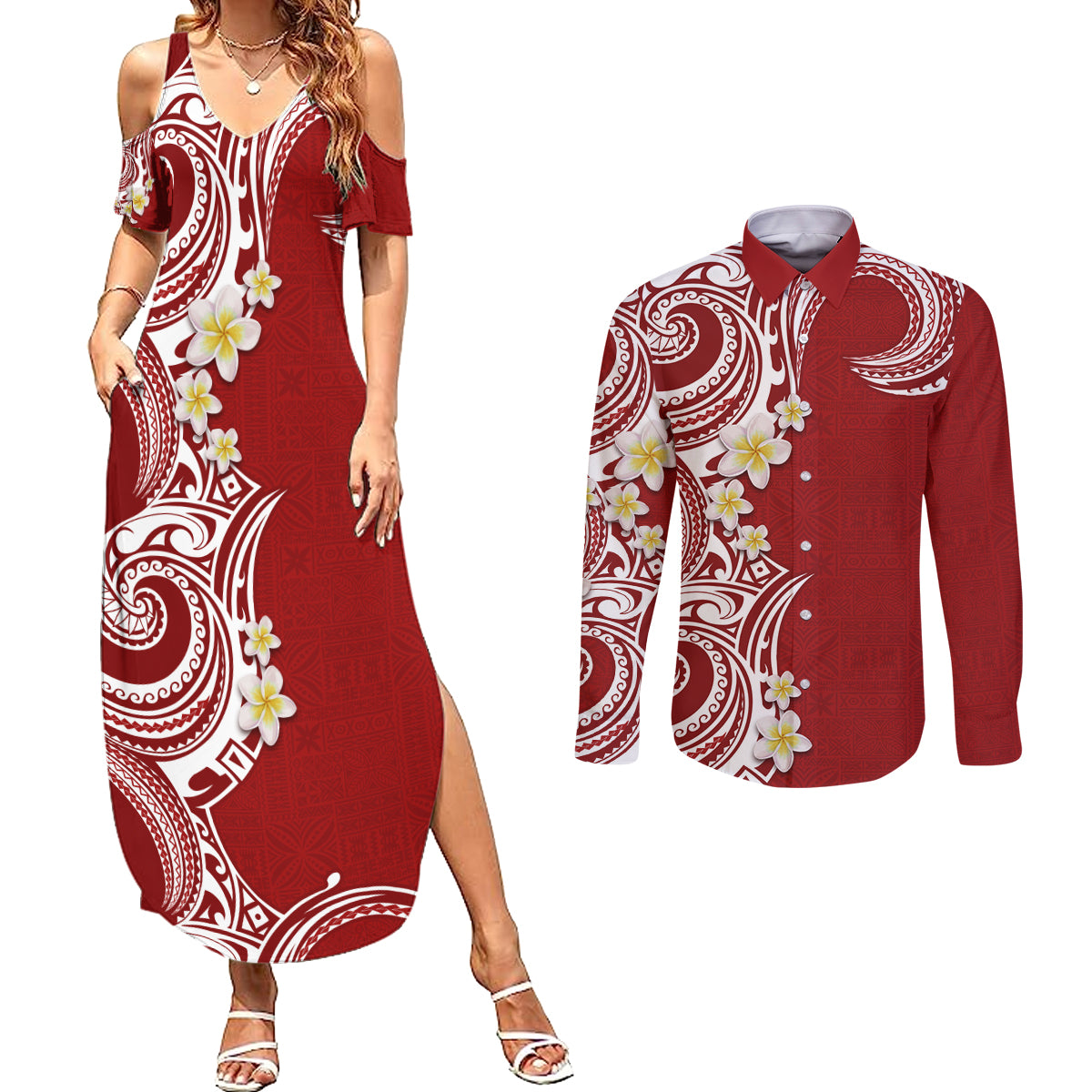 Aloha Polynesian Plumeria Flower Couples Matching Summer Maxi Dress and Long Sleeve Button Shirt Red Color