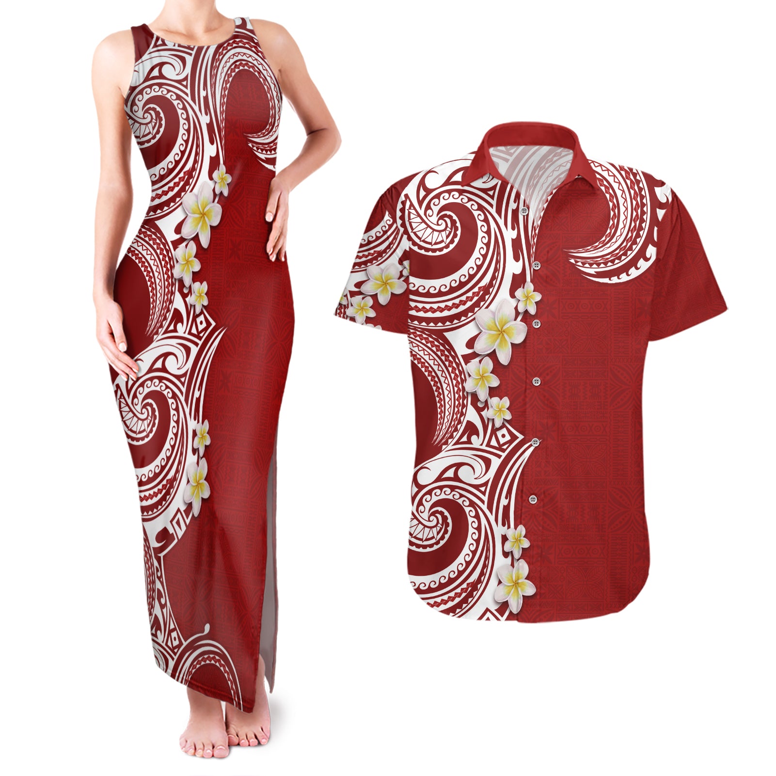 Aloha Polynesian Plumeria Flower Couples Matching Tank Maxi Dress and Hawaiian Shirt Red Color