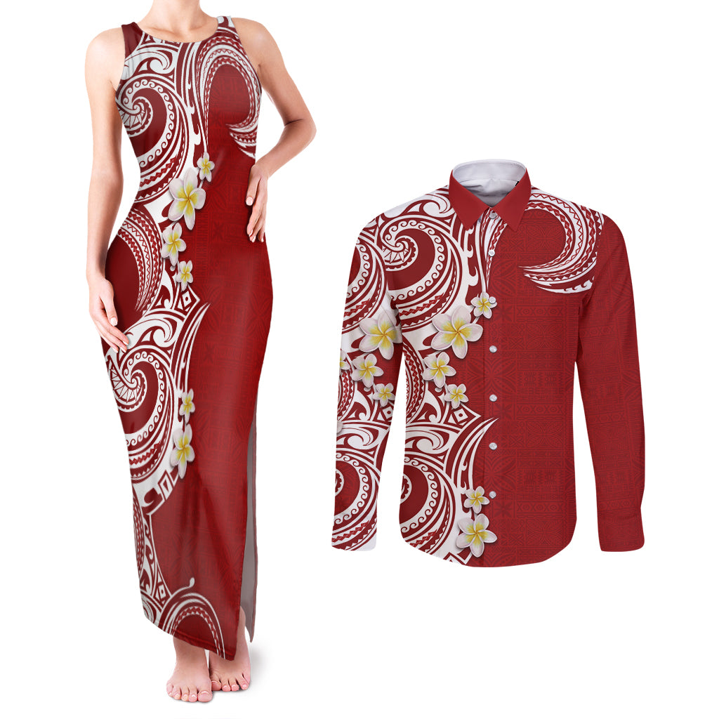 Aloha Polynesian Plumeria Flower Couples Matching Tank Maxi Dress and Long Sleeve Button Shirt Red Color