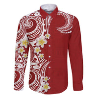 Aloha Polynesian Plumeria Flower Family Matching Long Sleeve Bodycon Dress and Hawaiian Shirt Red Color