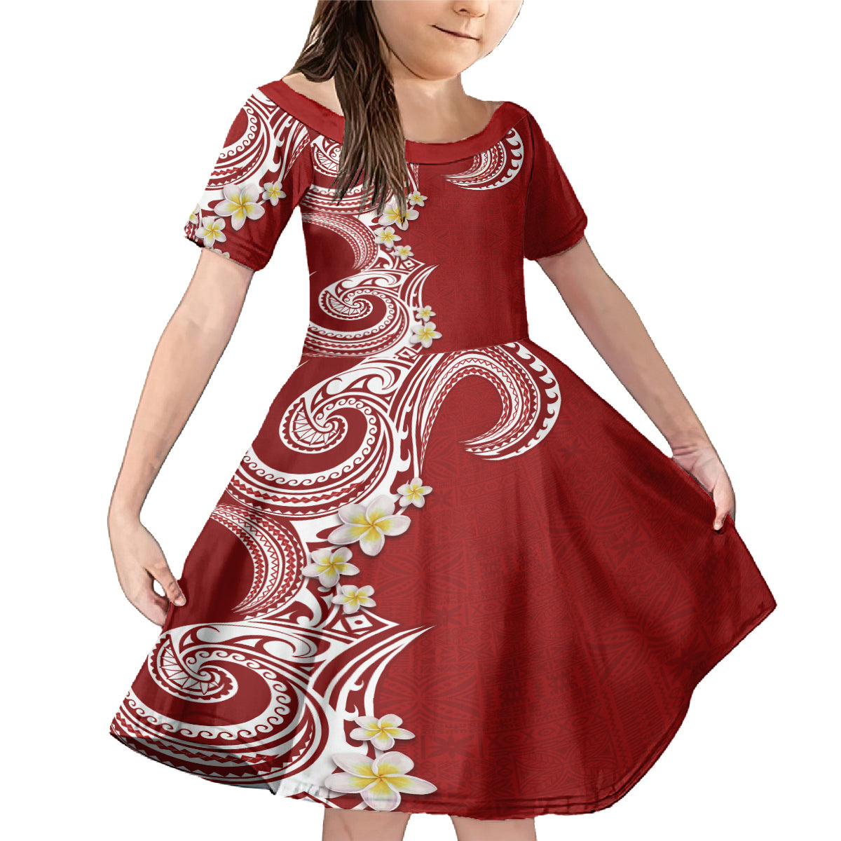 Aloha Polynesian Plumeria Flower Family Matching Mermaid Dress and Hawaiian Shirt Red Color
