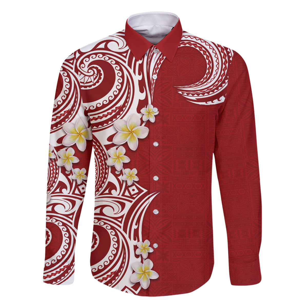 Aloha Polynesian Plumeria Flower Family Matching Mermaid Dress and Hawaiian Shirt Red Color