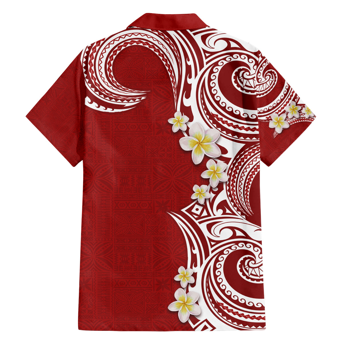Aloha Polynesian Plumeria Flower Family Matching Puletasi and Hawaiian Shirt Red Color